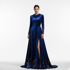 Elegant Blue Velvet Evening Gown